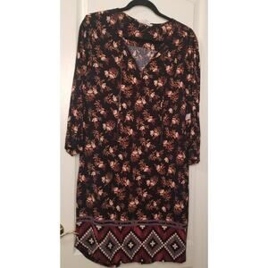 Beach Lunch Lounge Dress Black Floral Knee Length Boho Peasant Prairie Sz L